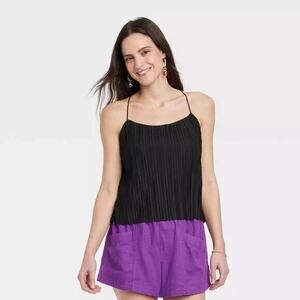 A New Day Top NWT Women's M Plisse Cami Black Pleated Stretch Work Casual Lounge